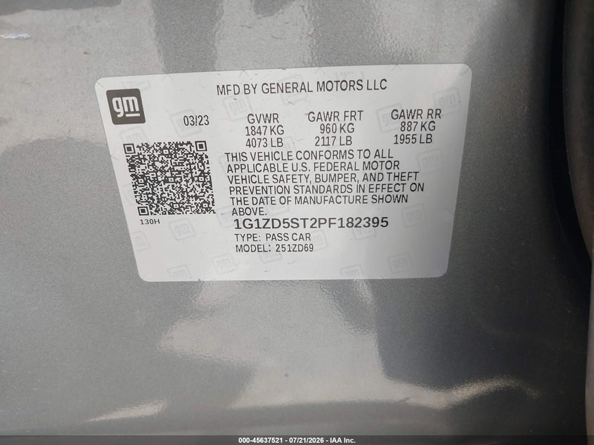 2023 Chevrolet Malibu Fwd 1Lt VIN: 1G1ZD5ST2PF182395 Lot: 45637521