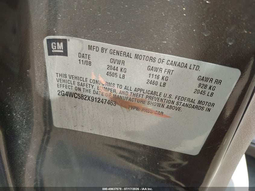 2009 Buick Lacrosse Cx VIN: 2G4WC582X91247463 Lot: 45637578