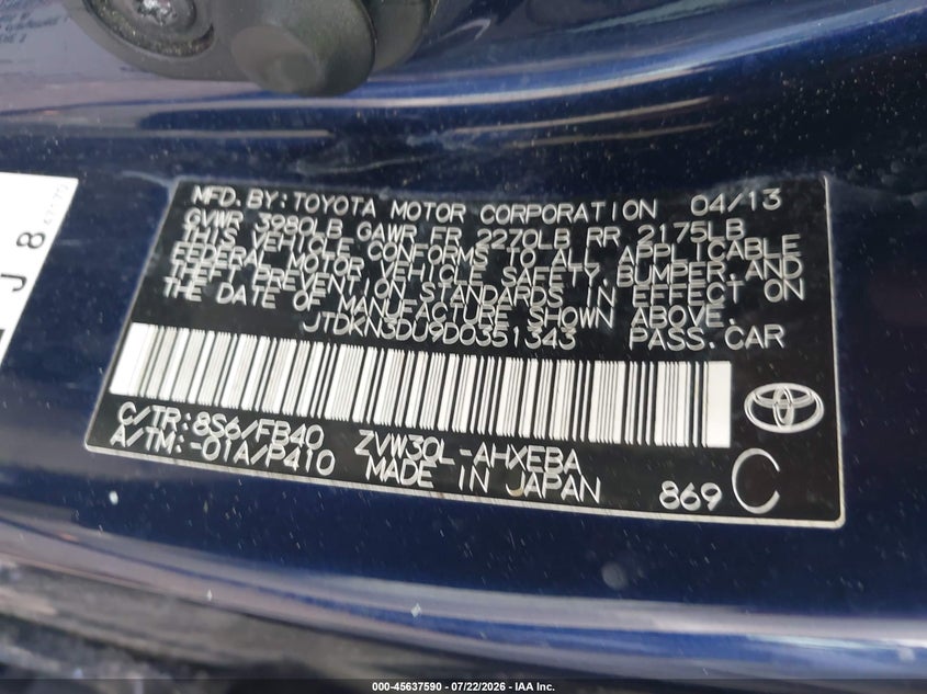 2013 Toyota Prius Two VIN: JTDKN3DU9D0351343 Lot: 45637590