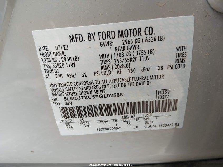 2023 Lincoln Aviator Reserve VIN: 5LM5J7XC5PGL02566 Lot: 45637596