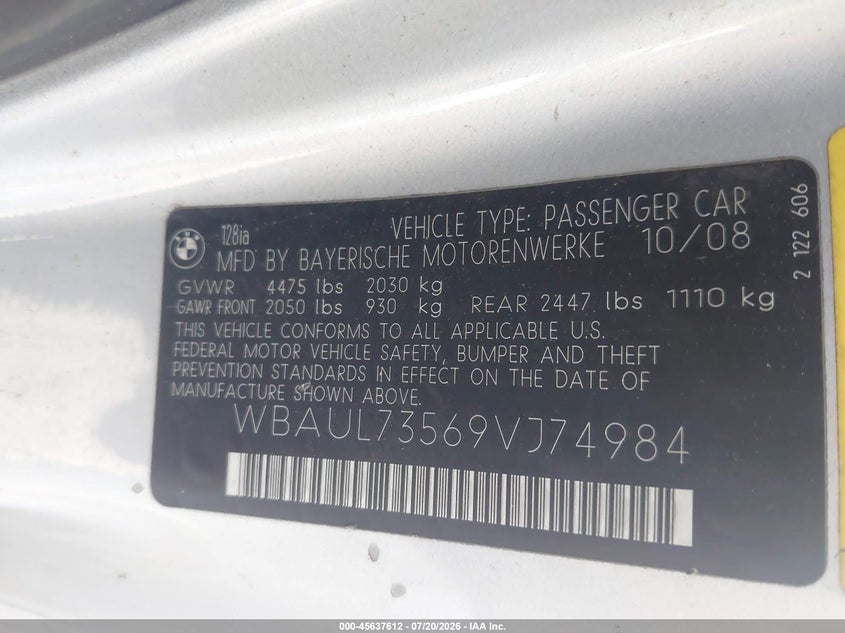 2009 BMW 128I VIN: WBAUL73569VJ74984 Lot: 45637612