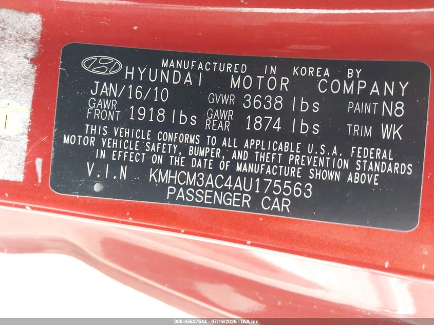 2010 Hyundai Accent Gs VIN: KMHCM3AC4AU175563 Lot: 45637644
