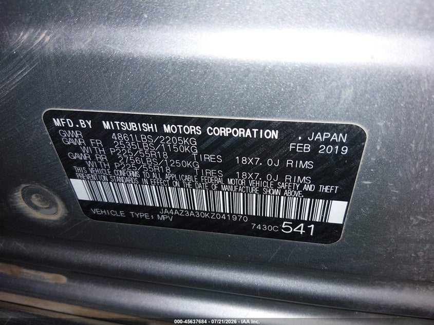 2019 Mitsubishi Outlander Sel VIN: JA4AZ3A30KZ041970 Lot: 45637684