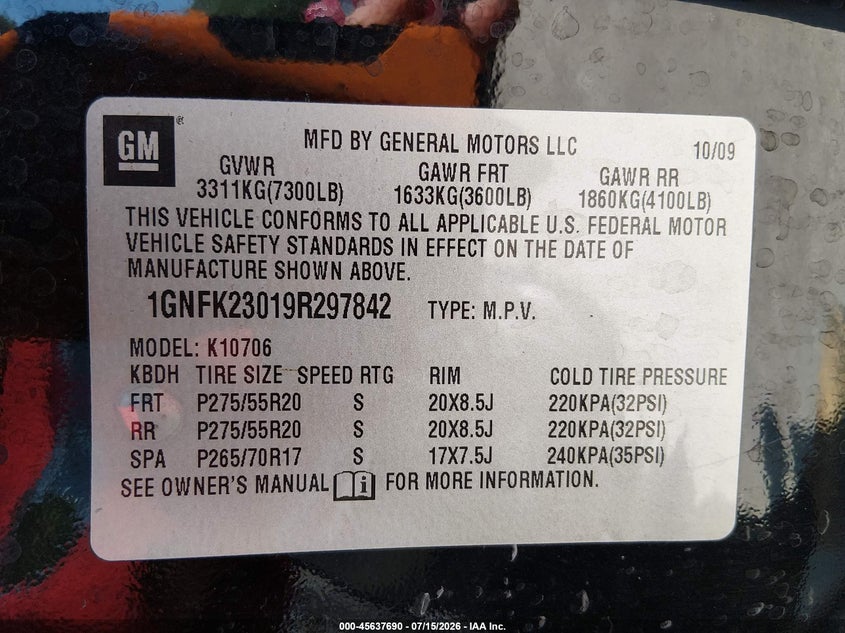 2009 Chevrolet Tahoe Lt2 VIN: 1GNFK23019R297842 Lot: 45637690