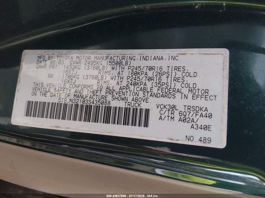 2003 Toyota Tundra VIN: 5TBJN32103S435088 Lot: 45637698