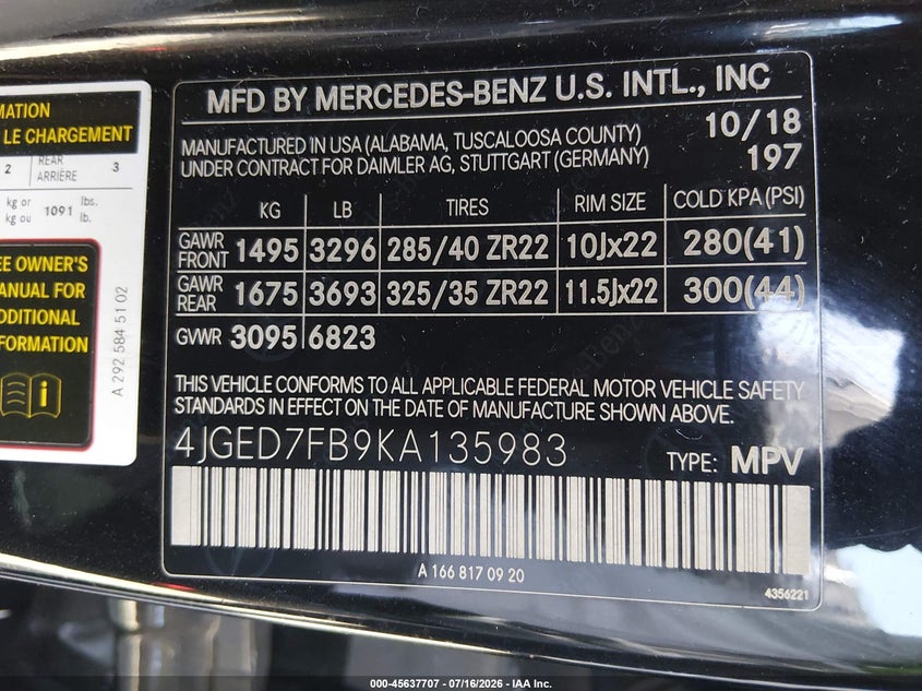 2019 Mercedes-Benz Amg Gle 63 Coupe S 4Matic VIN: 4JGED7FB9KA135983 Lot: 45637707