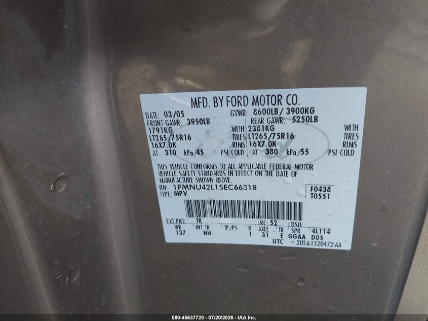 2005 Ford Excursion Limited VIN: 1FMNU42L15EC66318 Lot: 45637720