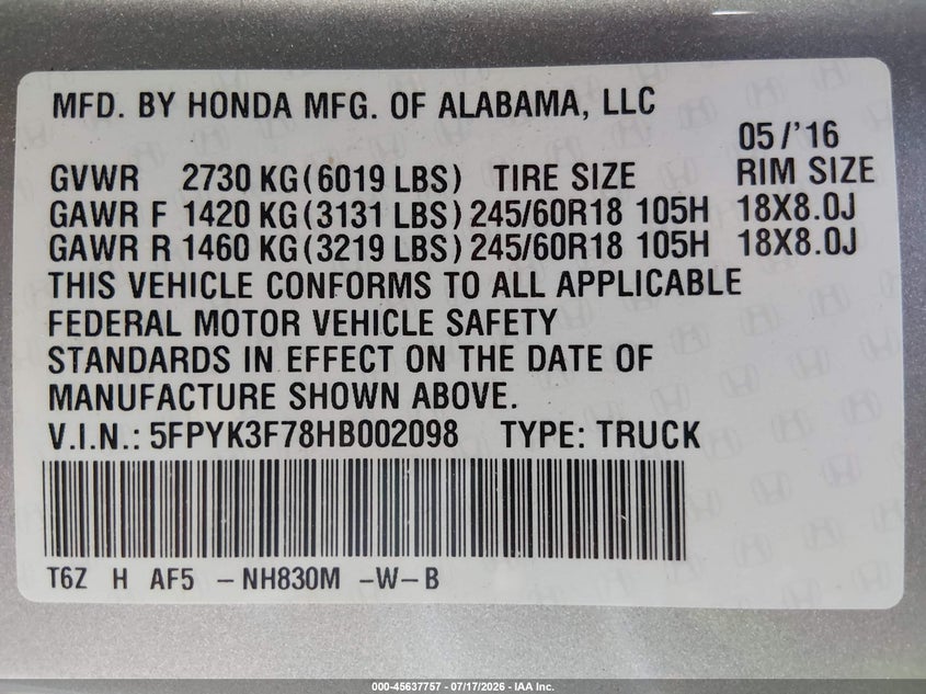 2017 Honda Ridgeline Rtl-E VIN: 5FPYK3F78HB002098 Lot: 45637757