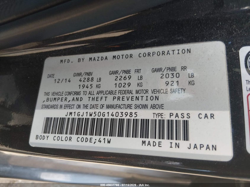 2016 Mazda Mazda6 I Grand Touring VIN: JM1GJ1W50G1403985 Lot: 45637766