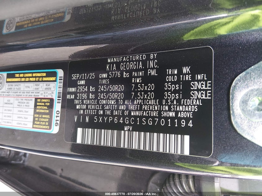 2025 Kia Telluride S VIN: 5XYP64GC1SG701194 Lot: 45637770