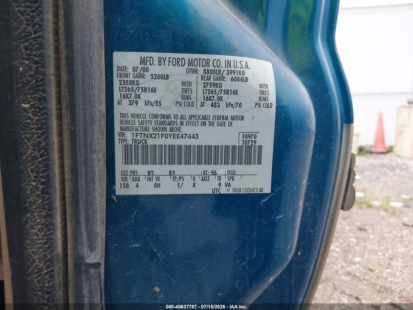 2000 Ford F-250 Lariat/Xl/Xlt VIN: 1FTNX21F0YEE47443 Lot: 45637787