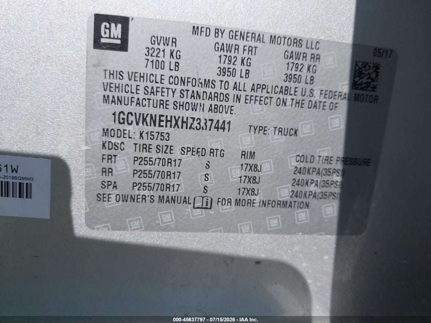 2017 Chevrolet Silverado 1500 Work Truck VIN: 1GCVKNEHXHZ337441 Lot: 45637797