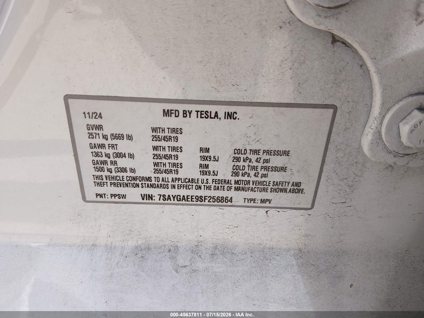 2025 Tesla Model Y Long Range Dual Motor All-Wheel Drive VIN: 7SAYGAEE9SF256864 Lot: 45637811