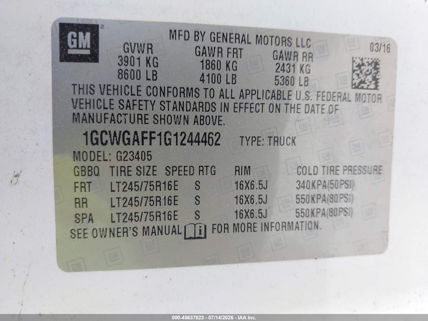 2016 Chevrolet Express 2500 Work Van VIN: 1GCWGAFF1G1244462 Lot: 45637823