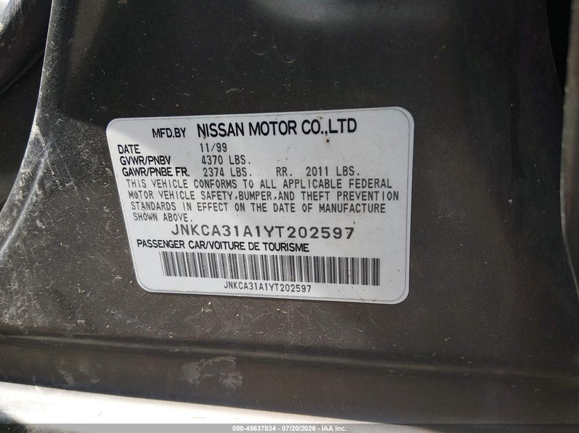 2000 Infiniti I30 Luxury/Touring VIN: JNKCA31A1YT202597 Lot: 45637834