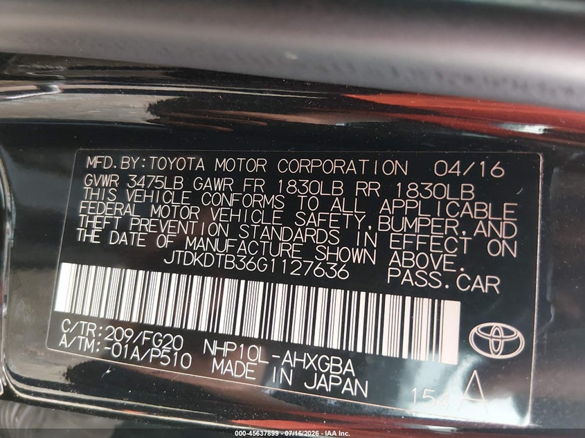 2016 Toyota Prius C Three VIN: JTDKDTB36G1127636 Lot: 45637899