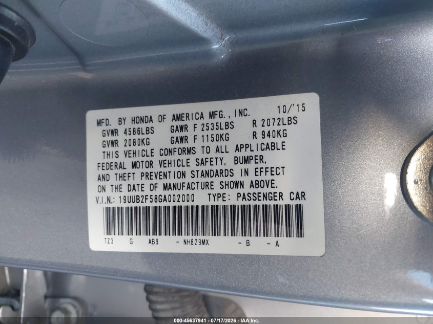 2016 Acura Tlx V6 Tech VIN: 19UUB2F58GA002000 Lot: 45637941