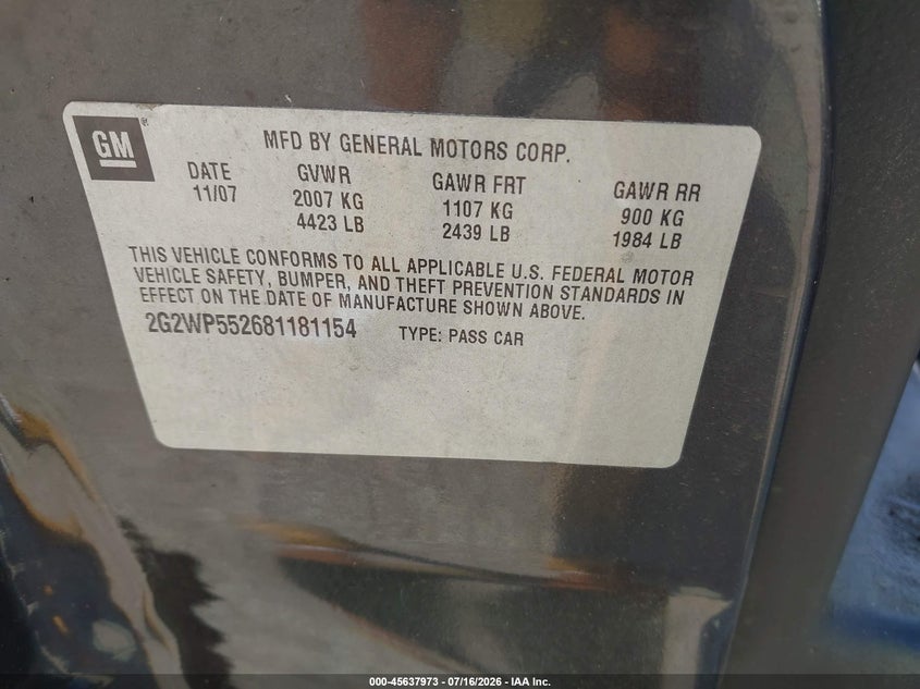 2008 Pontiac Grand Prix VIN: 2G2WP552681181154 Lot: 45637973