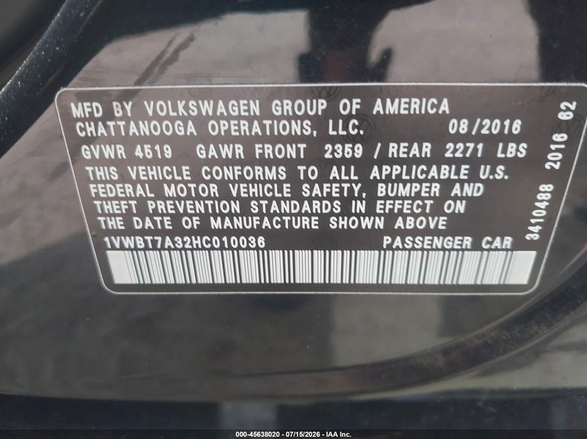 2017 Volkswagen Passat 1.8T Se VIN: 1VWBT7A32HC010036 Lot: 45638020