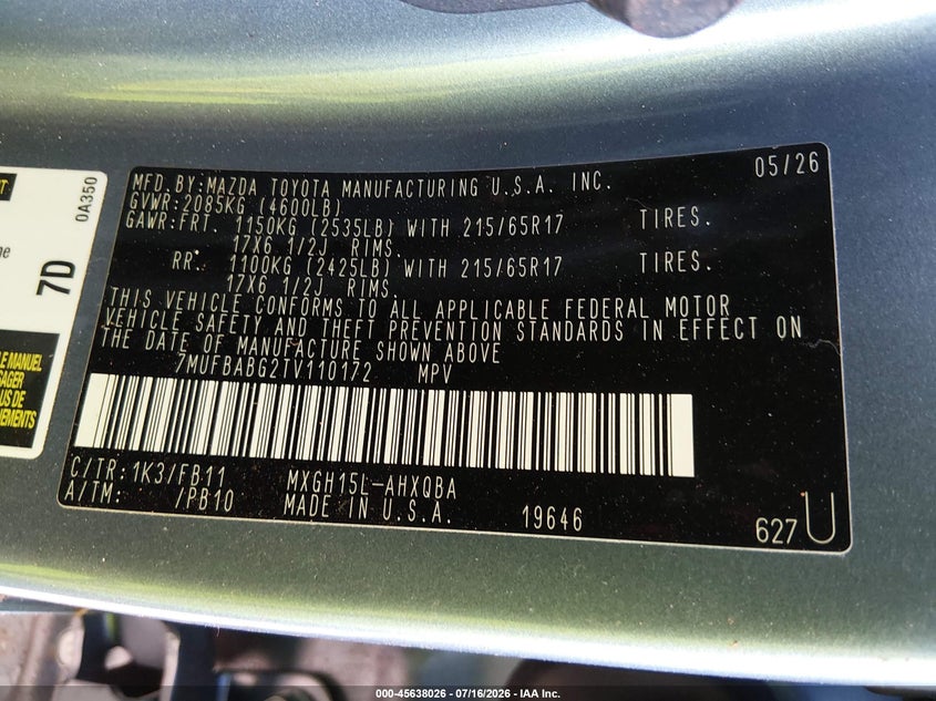 2026 Toyota Corolla Cross Hybrid S VIN: 7MUFBABG2TV110172 Lot: 45638026
