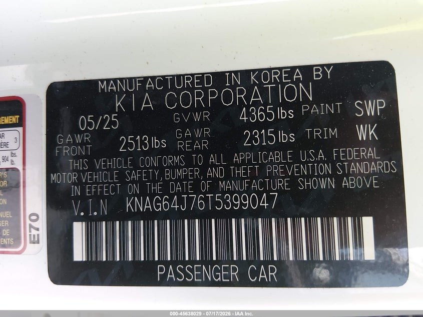 2026 Kia K5 Gt-Line Fwd VIN: KNAG64J76T5399047 Lot: 45638029