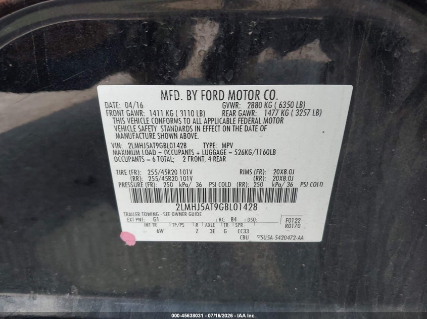 2016 Lincoln Mkt Ecoboost VIN: 2LMHJ5AT9GBL01428 Lot: 45638031