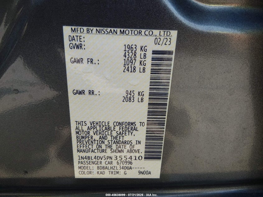 2023 Nissan Altima Sv Fwd VIN: 1N4BL4DV5PN355410 Lot: 45638099