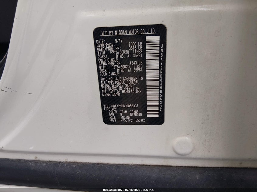 2018 Nissan Armada Sl VIN: JN8AY2ND8J9056337 Lot: 45638107