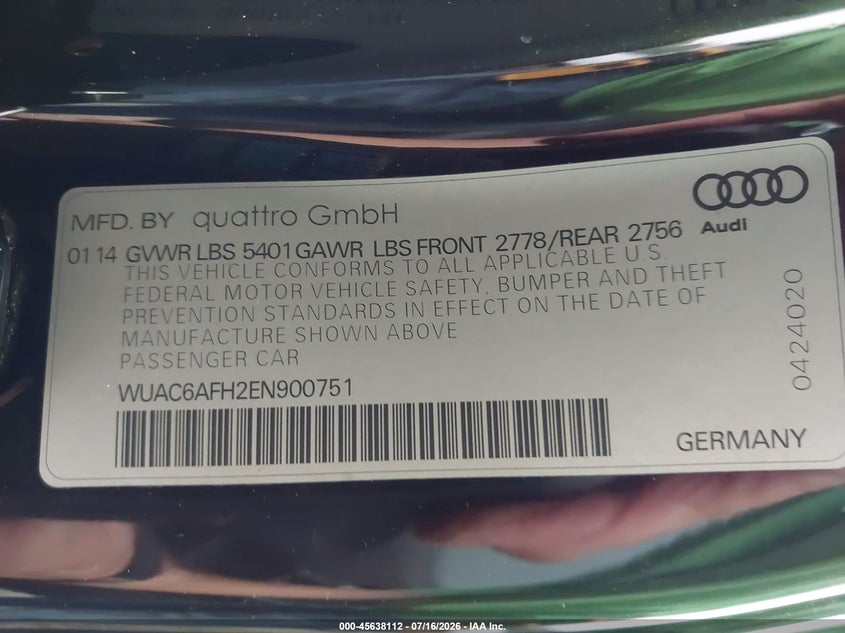 2014 Audi Rs 5 4.2 VIN: WUAC6AFH2EN900751 Lot: 45638112