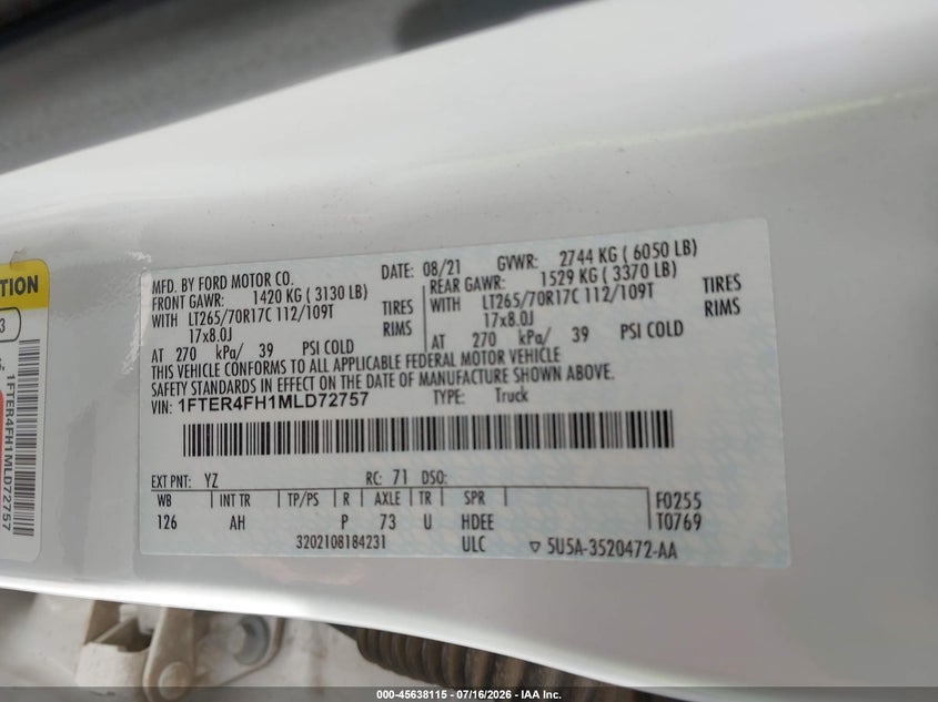 2021 Ford Ranger Xlt VIN: 1FTER4FH1MLD72757 Lot: 45638115