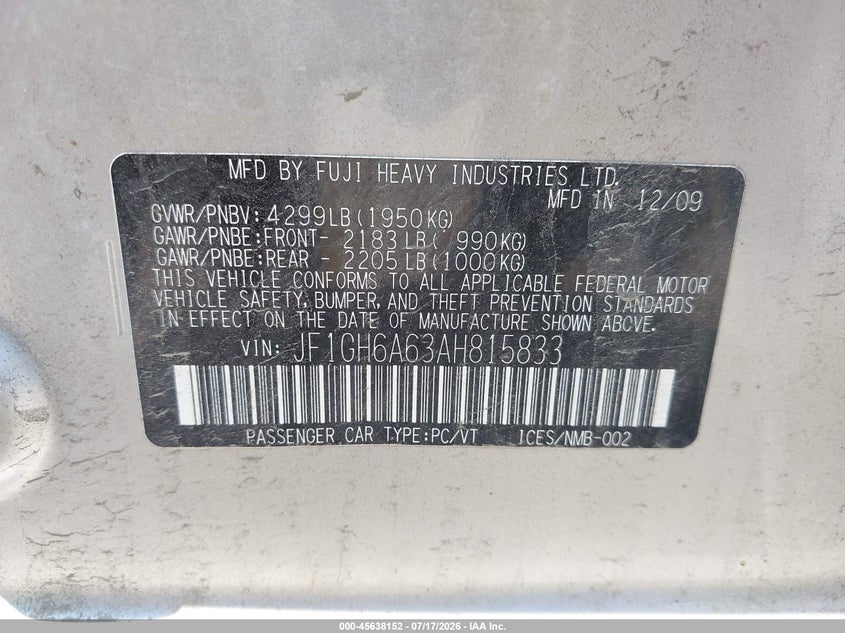 2010 Subaru Impreza 2.5I VIN: JF1GH6A63AH815833 Lot: 45638152