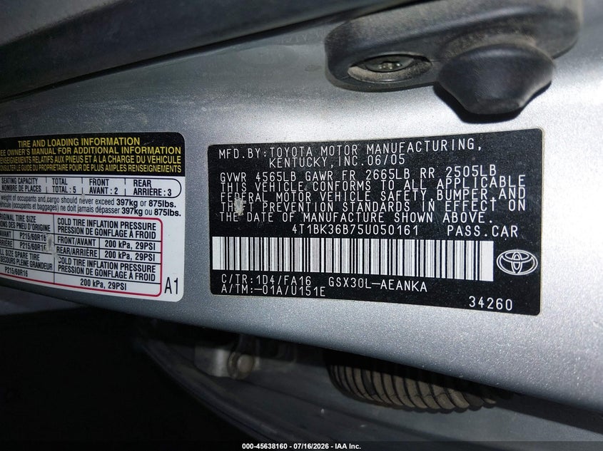 2005 Toyota Avalon Xl VIN: 4T1BK36B75U050161 Lot: 45638160