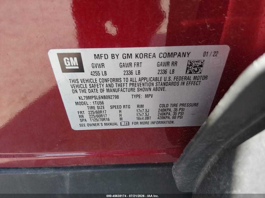 2022 Chevrolet Trailblazer Fwd Lt VIN: KL79MPSL6NB092798 Lot: 45638174