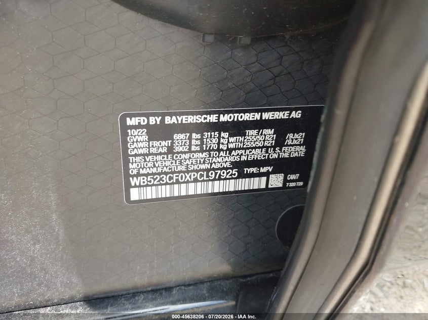 2023 BMW Ix xDrive50 VIN: WB523CF0XPCL97925 Lot: 45638206