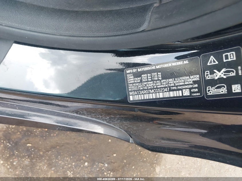 2021 BMW M440I xDrive VIN: WBA13AR07MCG52347 Lot: 45638209