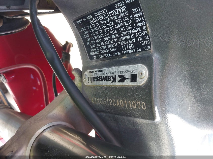 2012 Kawasaki Zx1000 J VIN: JKAZXCJ12CA011070 Lot: 45638234