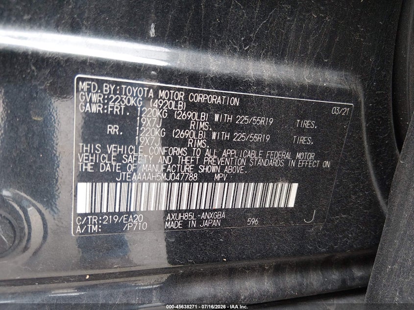2021 Toyota Venza Xle VIN: JTEAAAAH5MJ047788 Lot: 45638271