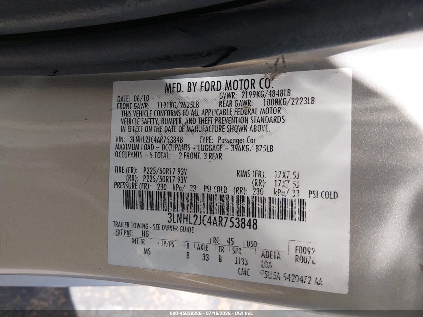 2010 Lincoln Mkz VIN: 3LNHL2JC4AR753848 Lot: 45638286