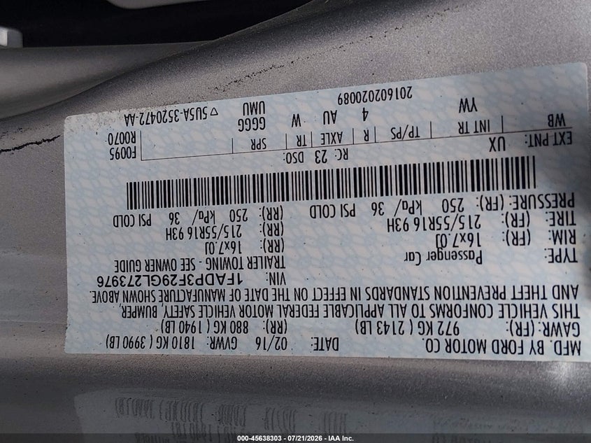 2016 Ford Focus Se VIN: 1FADP3F29GL273976 Lot: 45638303