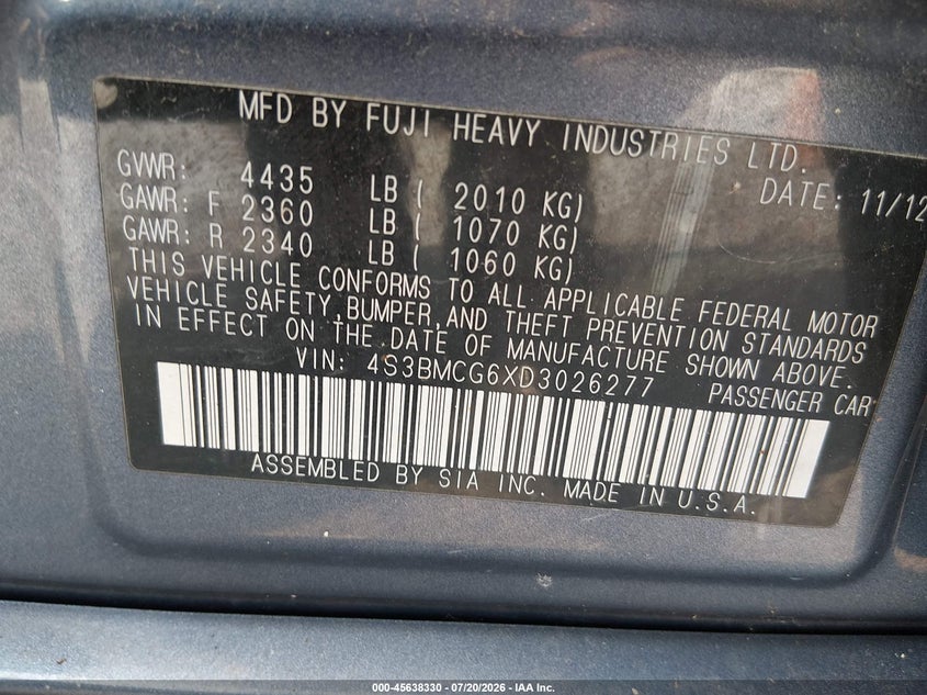 2013 Subaru Legacy 2.5 I Sport VIN: 4S3BMCG6XD3026277 Lot: 45638330