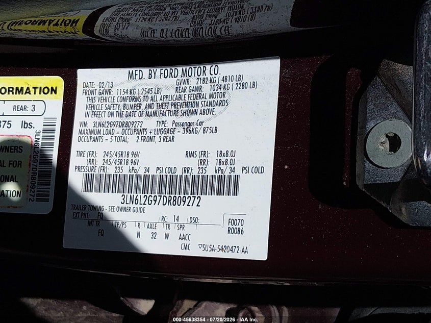 2013 Lincoln Mkz VIN: 3LN6L2G97DR809272 Lot: 45638354