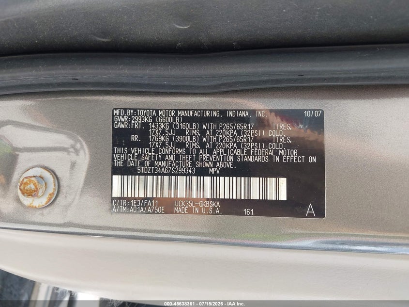 2007 Toyota Sequoia Sr5 VIN: 5TDZT34A67S299343 Lot: 45638361