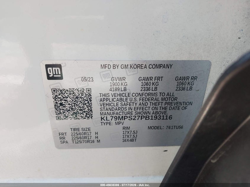 2023 Chevrolet Trailblazer Fwd Lt VIN: KL79MPS27PB193116 Lot: 45638386