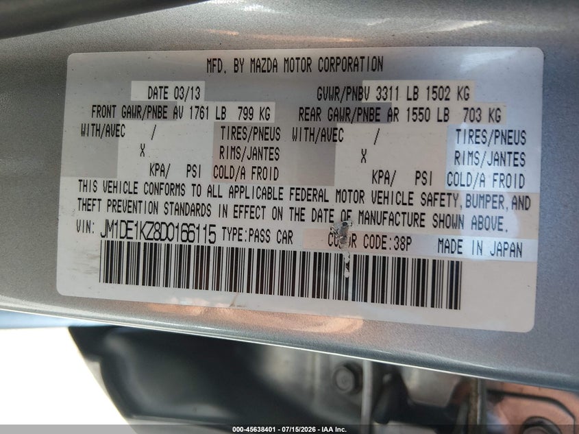 2013 Mazda Mazda2 Sport VIN: JM1DE1KZ8D0166115 Lot: 45638401