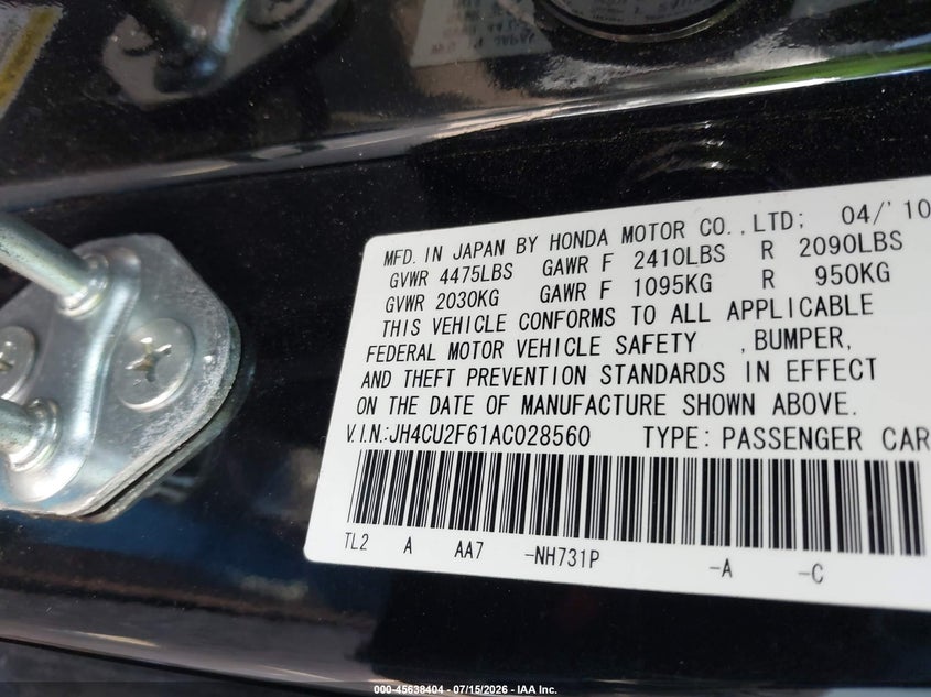 2010 Acura Tsx 2.4 VIN: JH4CU2F61AT028560 Lot: 45638404
