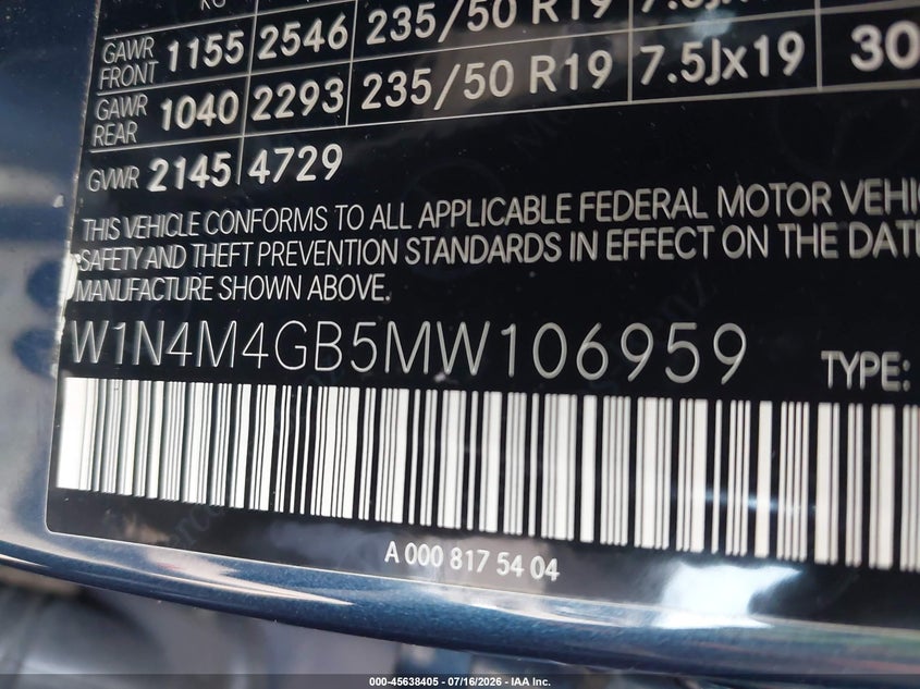 2021 Mercedes-Benz Glb 250 VIN: W1N4M4GB5MW106959 Lot: 45638405