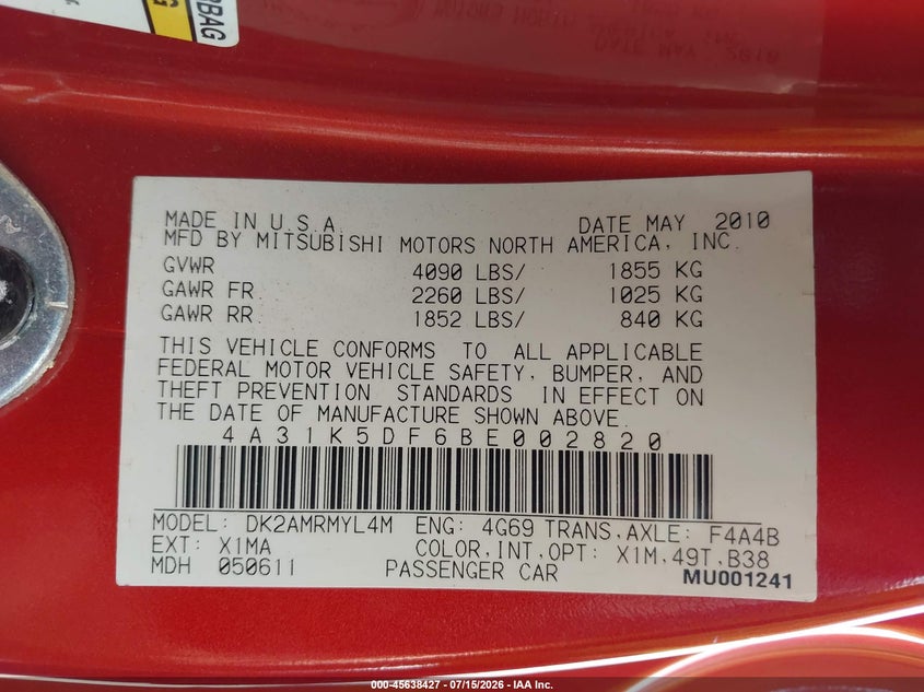 2011 Mitsubishi Eclipse Gs/Gs Sport VIN: 4A31K5DF6BE002820 Lot: 45638427
