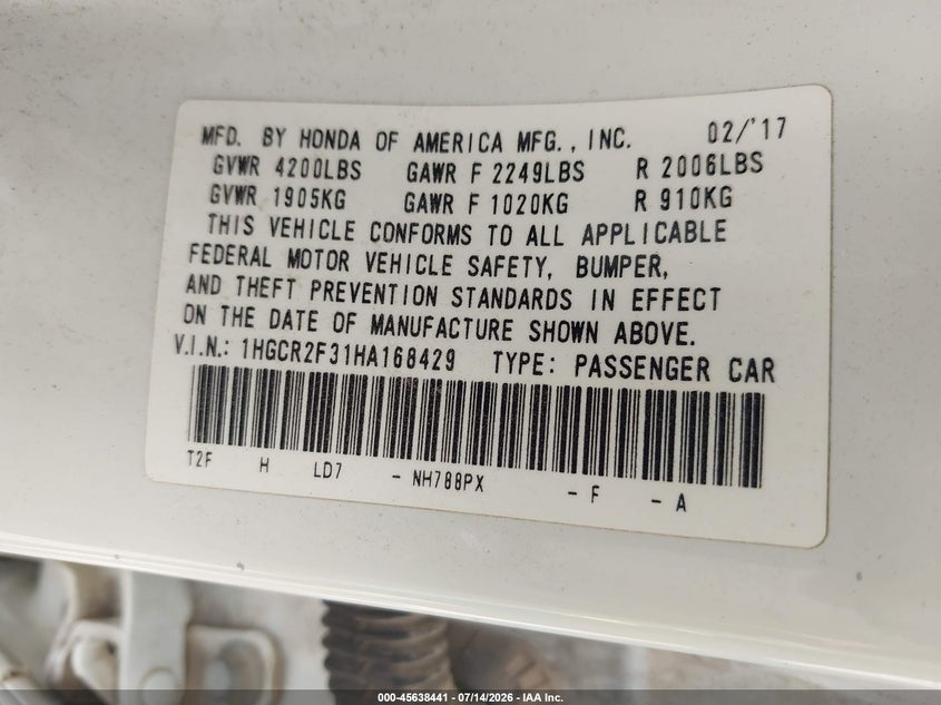 2017 Honda Accord Lx VIN: 1HGCR2F31HA168429 Lot: 45638441
