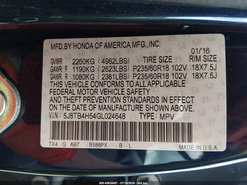 2016 Acura Rdx Technology Acurawatch Plus Packages/Technology Package VIN: 5J8TB4H54GL024648 Lot: 45638487
