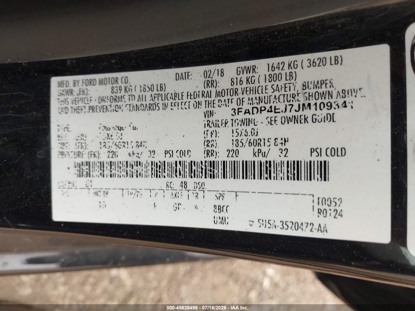 2018 Ford Fiesta Se VIN: 3FADP4EJ7JM109341 Lot: 45638496